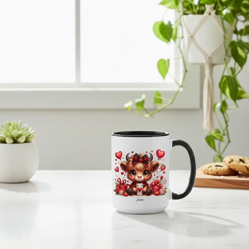 Personalized Highland Cow Valentine Mug - Custom Name Gift for Her, Cute Heifer Coffee Cup