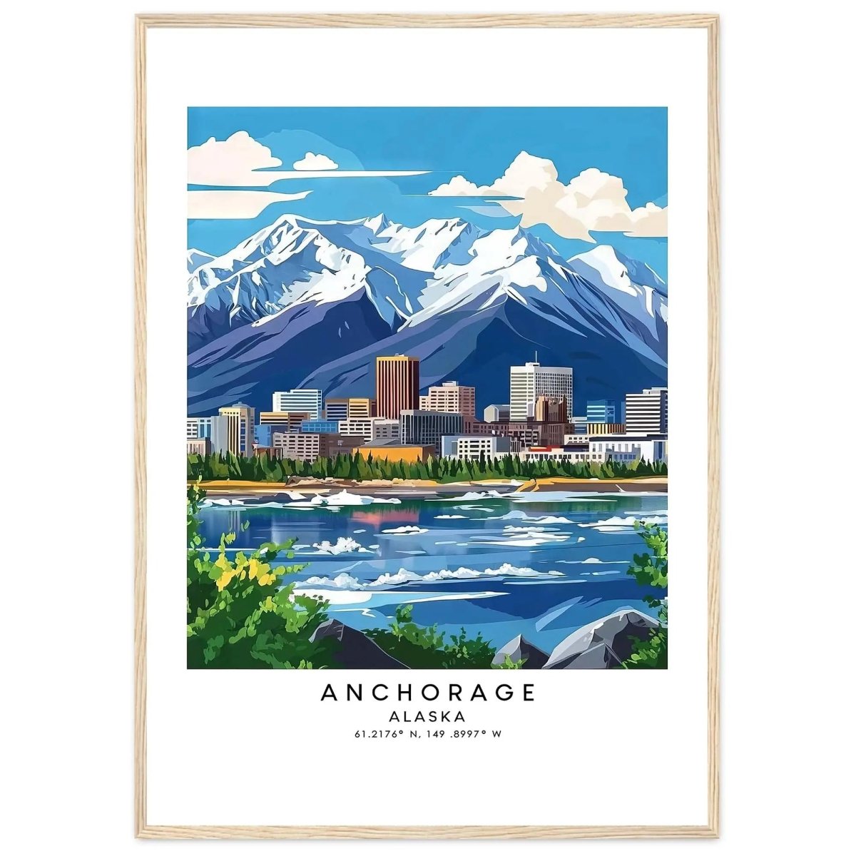 Anchorage Alaska travel print poster featuring a scenic mountain skyline, city w - MOMIMA