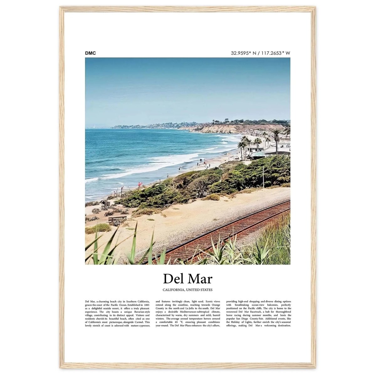 Del Mar California coast color photo print poster featuring a serene beach and r - MOMIMA