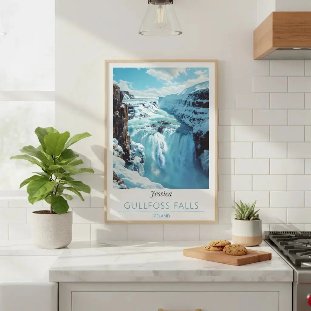 Gullfoss Falls Iceland Poster - Personalized Custom Name Print - Winter Landscape Wall Decor - MOMIMA