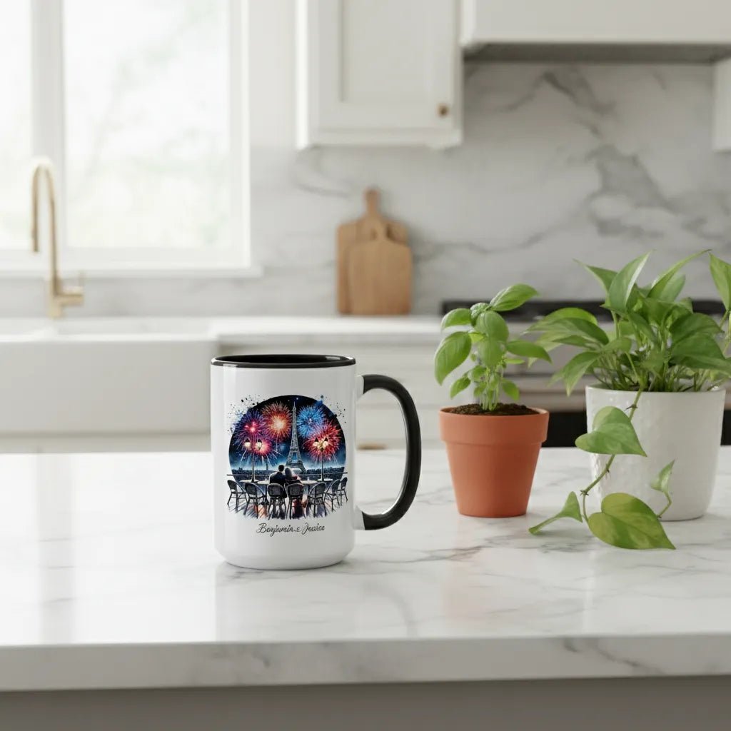 "Midnight Celebration" Custom Couple Mug - Fireworks Over Eiffel Tower - MOMIMA