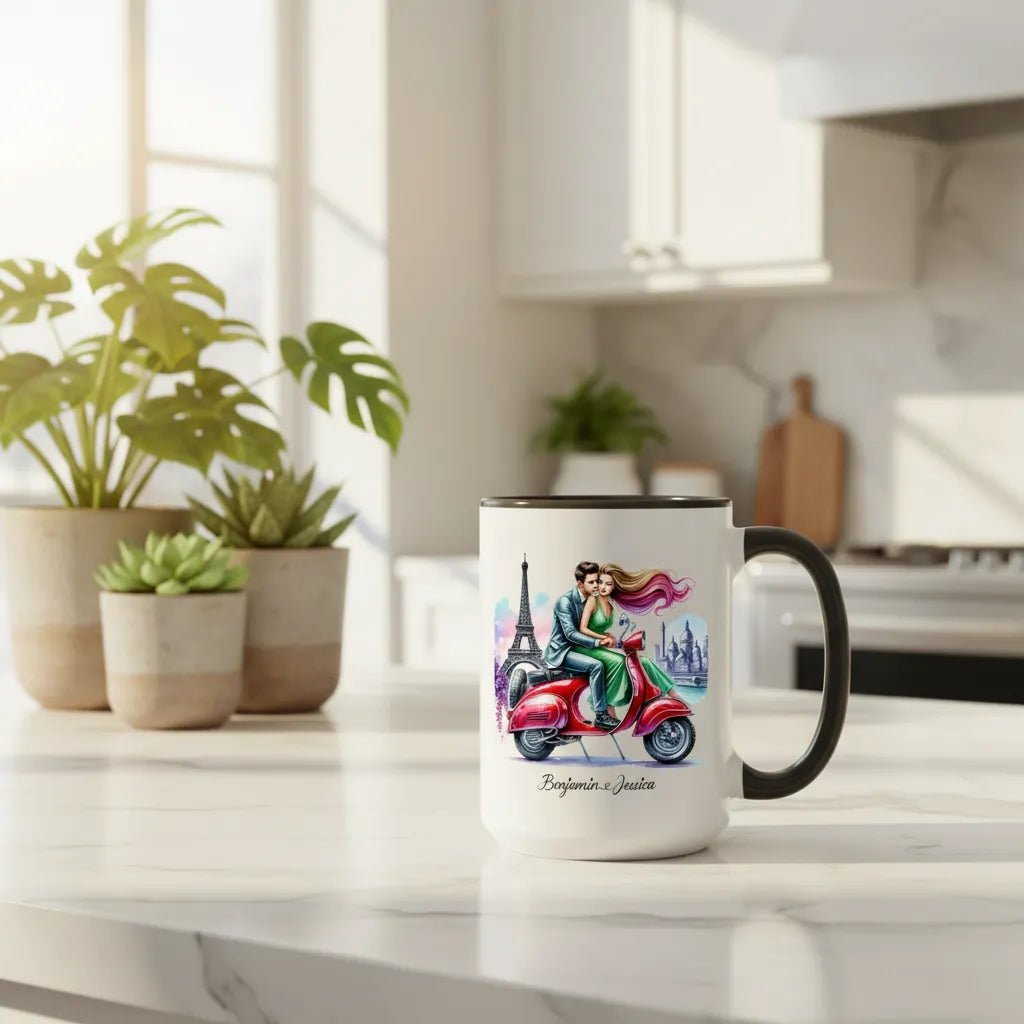 "Parisian Escape" Custom Couple Mug - Romantic Vespa Ride by the Eiffel Tower - MOMIMA
