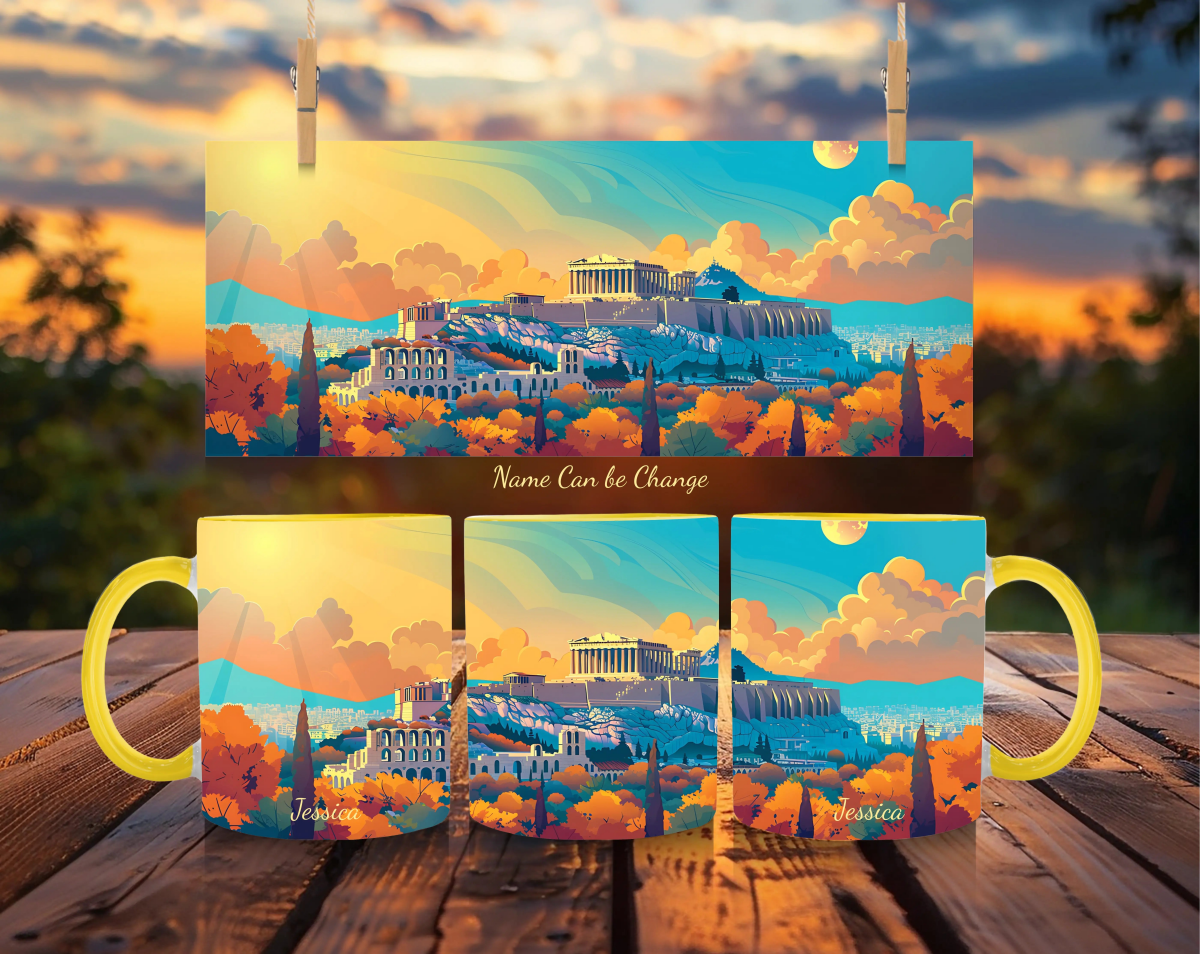 Personalized Athens Acropolis Mug - Custom Name Greek Travel Gift - Panoramic Sunset Art Cup - MOMIMA