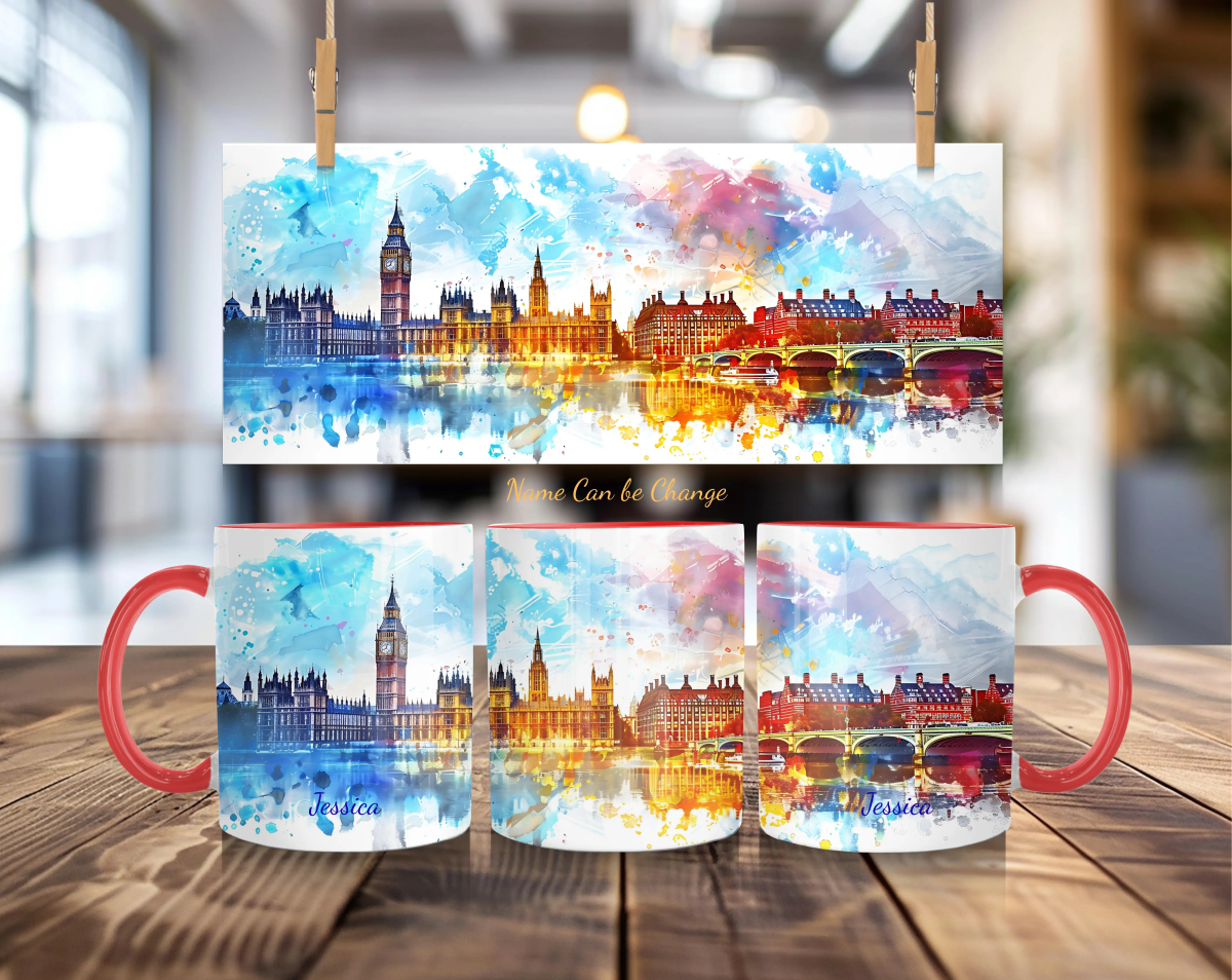 Personalized London Big Ben Mug - Watercolor Westminster Art - Custom Name UK Travel Gift - MOMIMA