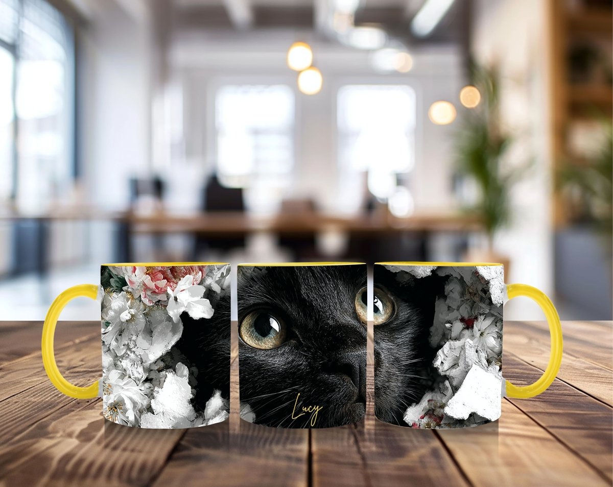 Personalized Mystic Black Cat Floral Mug - Custom Name Gift for Cat Moms, Aesthetic Kitten Coffee Cup - MOMIMA