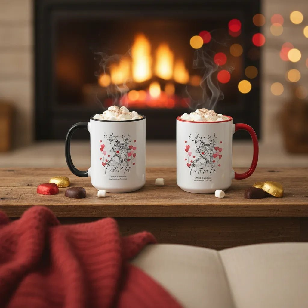 Where We First Met Map - Personalized Accent Coffee Cup with Colored Handle - Romantic Personalize Valentine Gift - MOMIMA