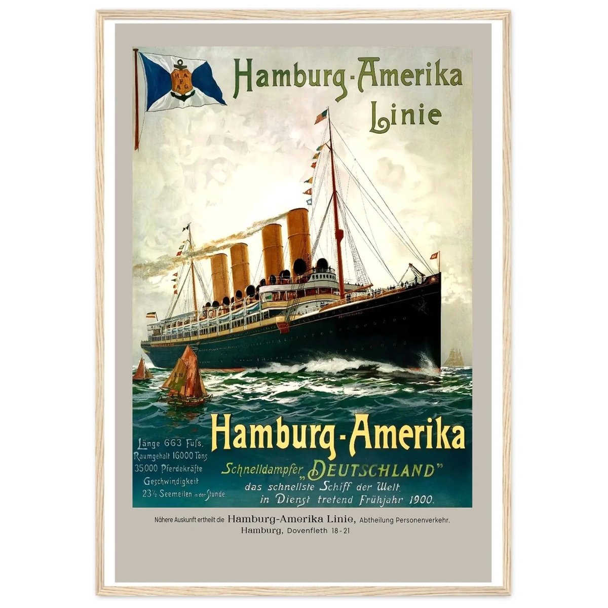 1900 Hamburg Amerika Line Ocean Liner Vintage Travel Poster - MOMIMA