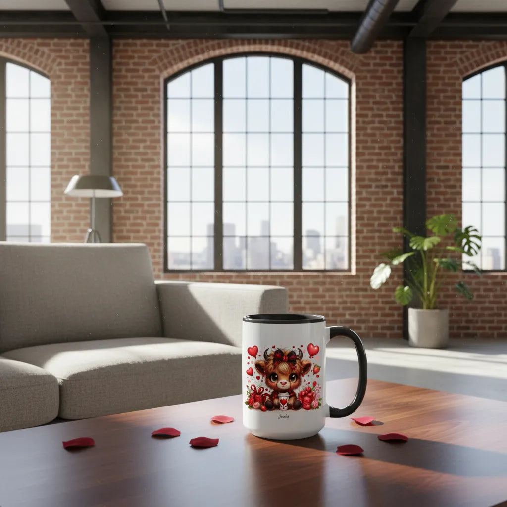 Personalized Highland Cow Valentine Mug - Custom Name Gift for Her, Cute Heifer Coffee Cup