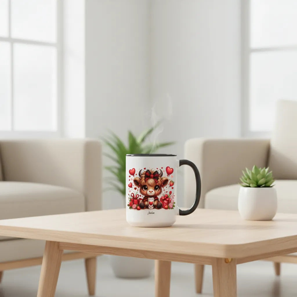 Personalized Highland Cow Valentine Mug - Custom Name Gift for Her, Cute Heifer Coffee Cup