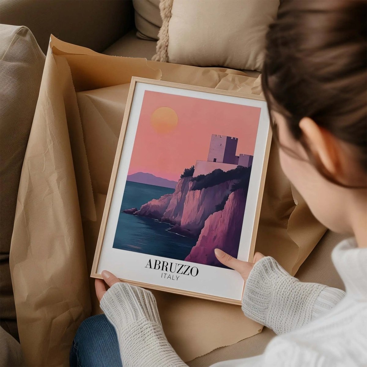 Abruzzo Italy Travel Poster - Coastal Castle Sunset Art Print - Italian Wall Decor - MOMIMA