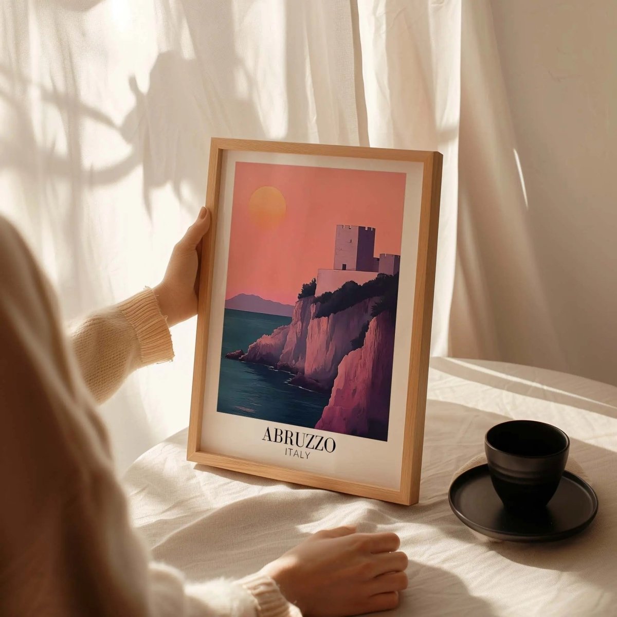 Abruzzo Italy Travel Poster - Coastal Castle Sunset Art Print - Italian Wall Decor - MOMIMA