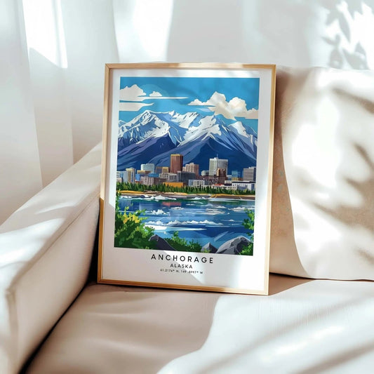 Anchorage Alaska travel print poster featuring a scenic mountain skyline, city w - MOMIMA