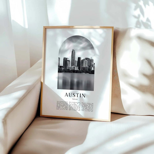Austin Travel Poster Print - Minimalist Black and White City Skyline Wall Art, T - MOMIMA