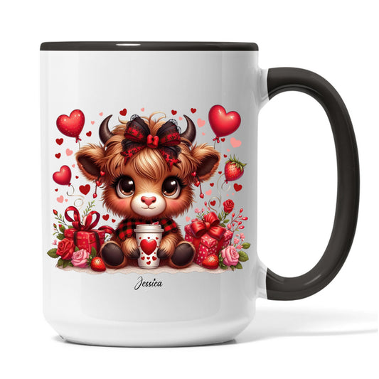 Personalized Highland Cow Valentine Mug - Custom Name Gift for Her, Cute Heifer Coffee Cup