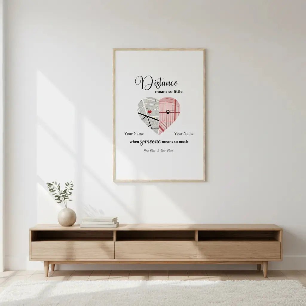 Custom Long Distance Relationship Map - Two Locations Heart Map Poster - "Distance Means So Little" Gift - MOMIMA