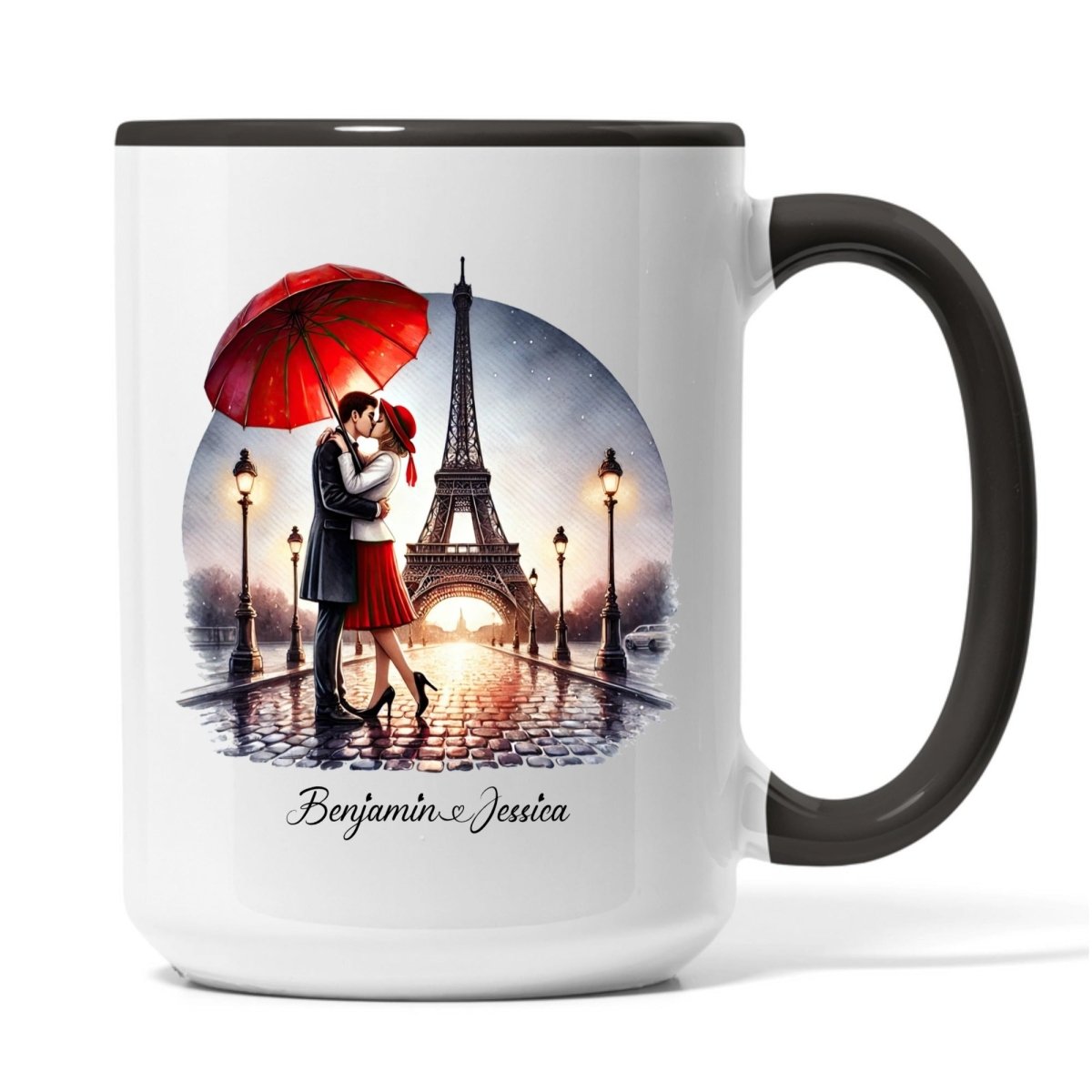 Custom Names Couple Mug - Kissing Under Red Umbrella in Paris - MOMIMA