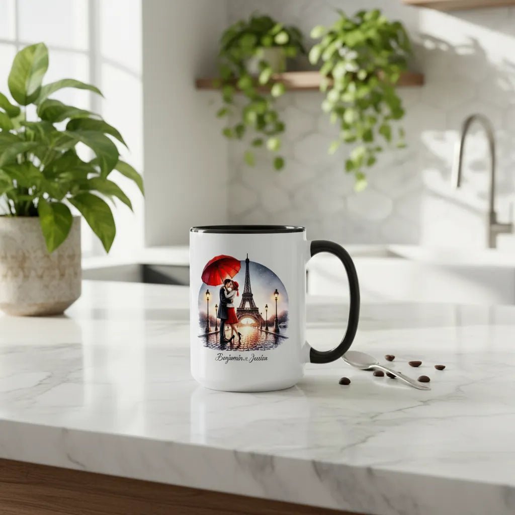 Custom Names Couple Mug - Kissing Under Red Umbrella in Paris - MOMIMA