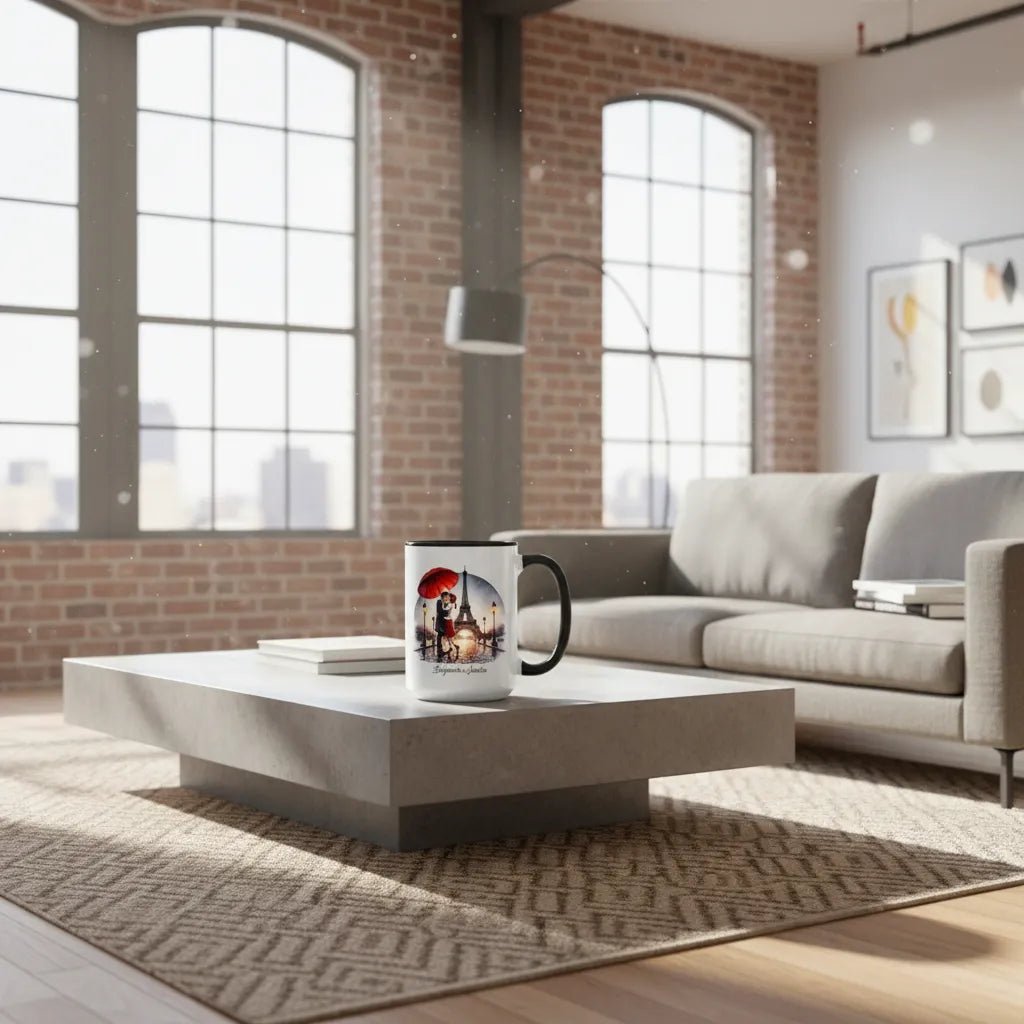 Custom Names Couple Mug - Kissing Under Red Umbrella in Paris - MOMIMA