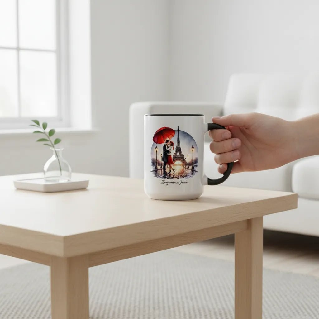 Custom Names Couple Mug - Kissing Under Red Umbrella in Paris - MOMIMA