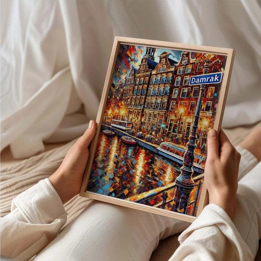 Damrak Amsterdam wall art print, cityscape travel poster featuring Damrak street - MOMIMA