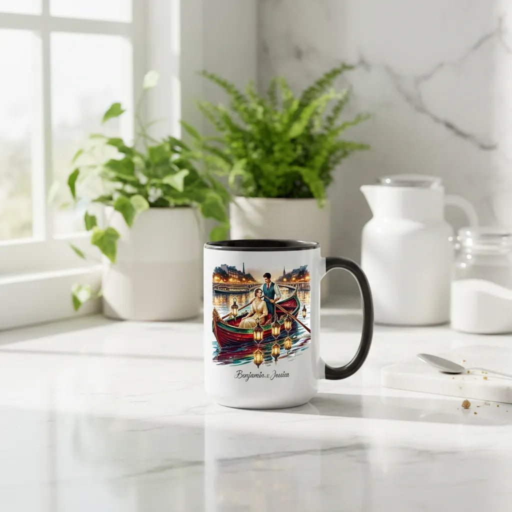 "Gondola Dreams" Custom Couple Mug - Romantic Lantern Boat Ride on the Seine - MOMIMA