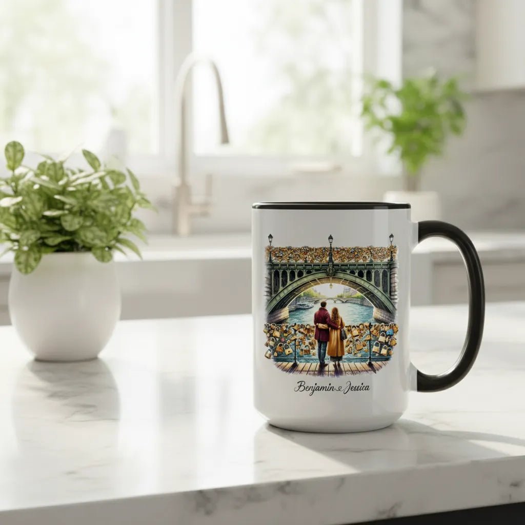 "Locked in Love" Paris Bridge Custom Mug - Personalized Anniversary Gift - MOMIMA