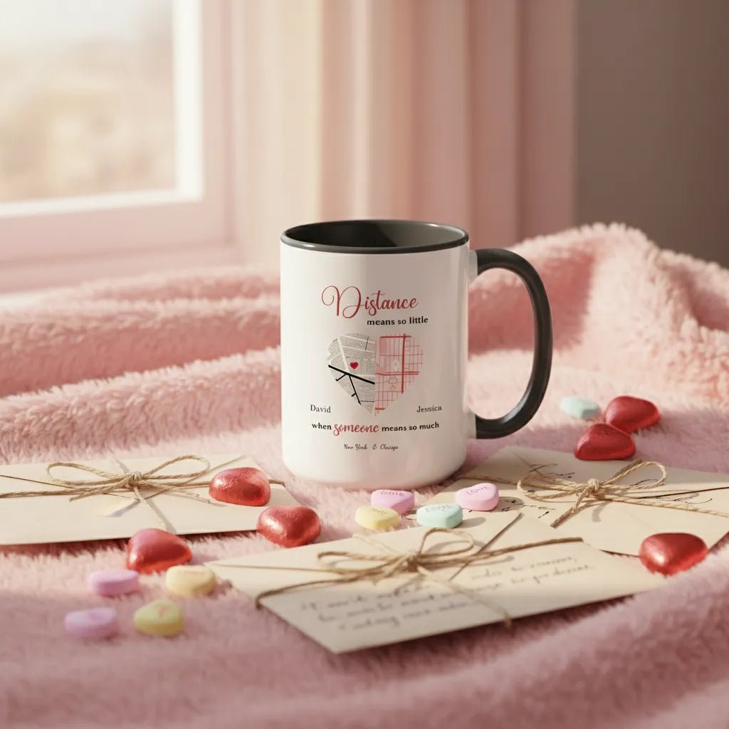 Long Distance Relationship Custom Map Mug – "Distance Means So Little" – Personalized 2 - Location Gift for Couples - MOMIMA