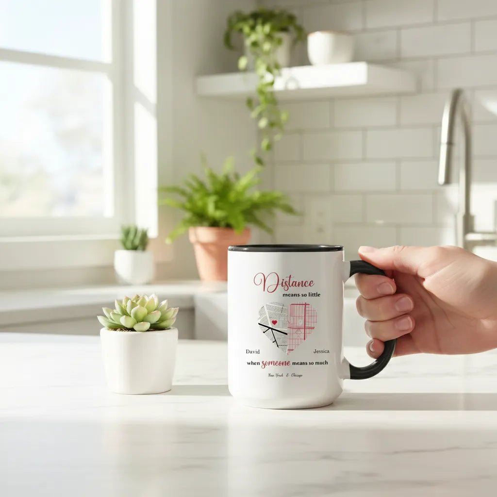 Long Distance Relationship Custom Map Mug – "Distance Means So Little" – Personalized 2 - Location Gift for Couples - MOMIMA