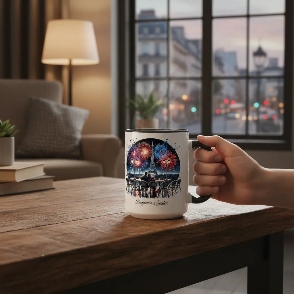 "Midnight Celebration" Custom Couple Mug - Fireworks Over Eiffel Tower - MOMIMA