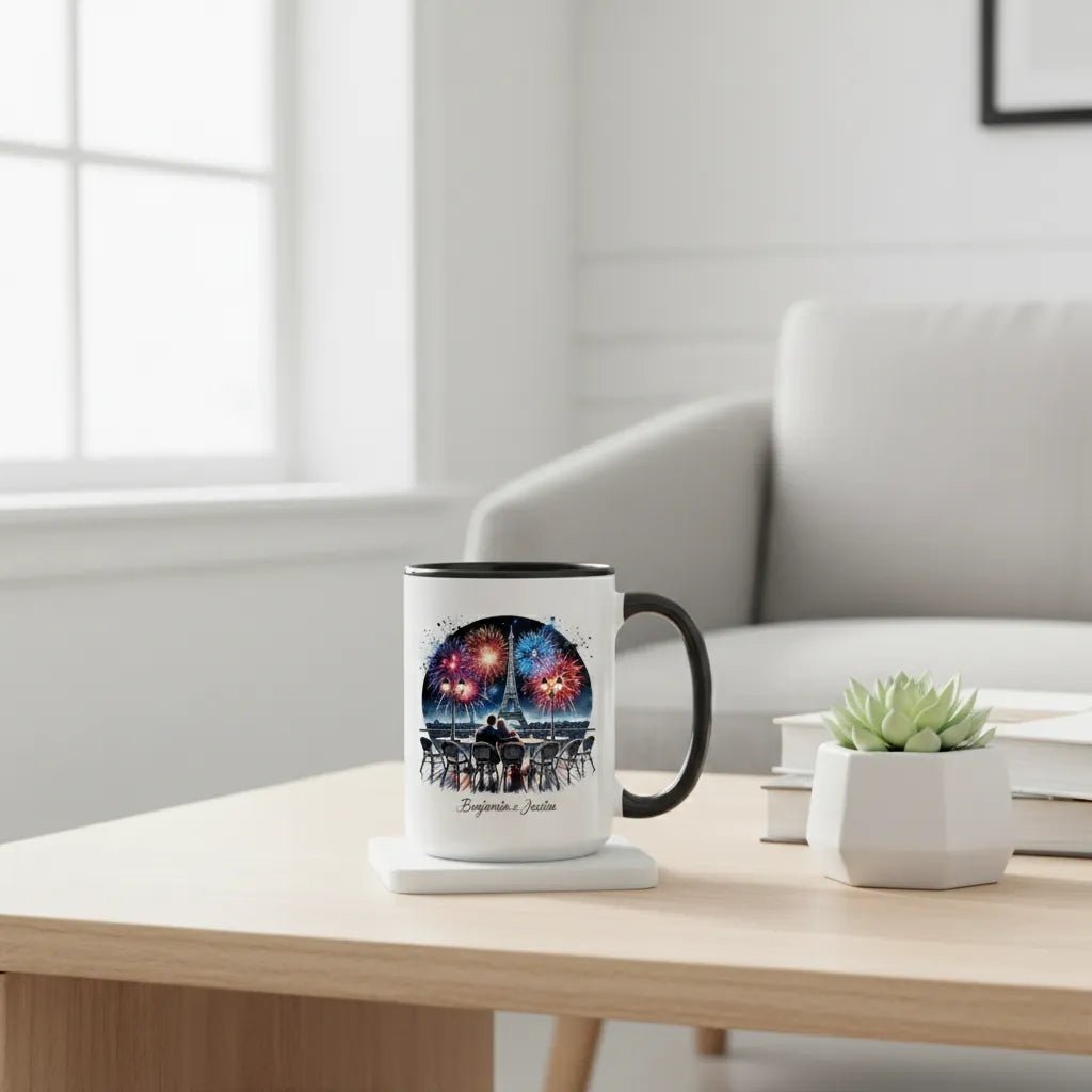 "Midnight Celebration" Custom Couple Mug - Fireworks Over Eiffel Tower - MOMIMA