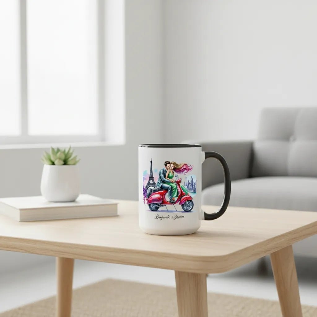 "Parisian Escape" Custom Couple Mug - Romantic Vespa Ride by the Eiffel Tower - MOMIMA