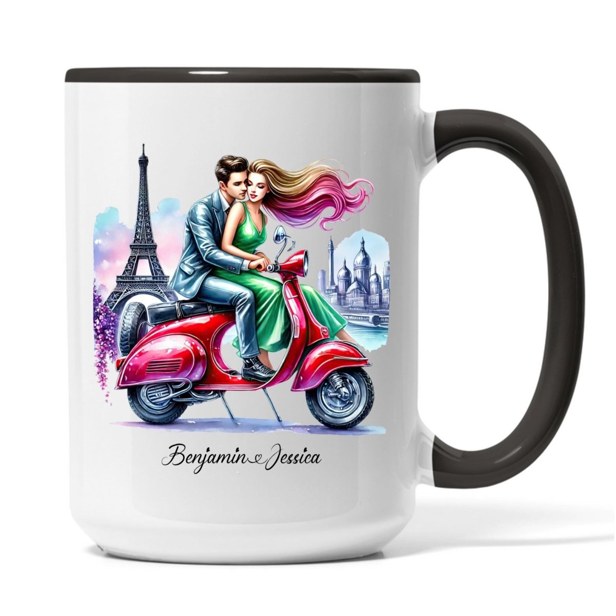 "Parisian Escape" Custom Couple Mug - Romantic Vespa Ride by the Eiffel Tower - MOMIMA