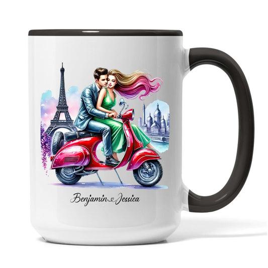 "Parisian Escape" Custom Couple Mug - Romantic Vespa Ride by the Eiffel Tower - MOMIMA