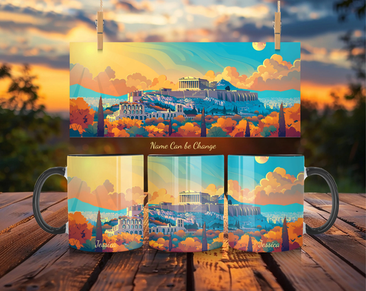 Personalized Athens Acropolis Mug - Custom Name Greek Travel Gift - Panoramic Sunset Art Cup - MOMIMA
