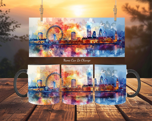 Personalized London Sunset Mug – Watercolor Big Ben & Thames River Skyline - MOMIMA
