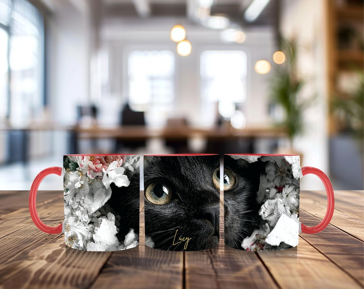 Personalized Mystic Black Cat Floral Mug - Custom Name Gift for Cat Moms, Aesthetic Kitten Coffee Cup - MOMIMA