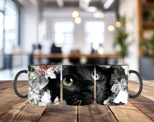 Personalized Mystic Black Cat Floral Mug - Custom Name Gift for Cat Moms, Aesthetic Kitten Coffee Cup - MOMIMA