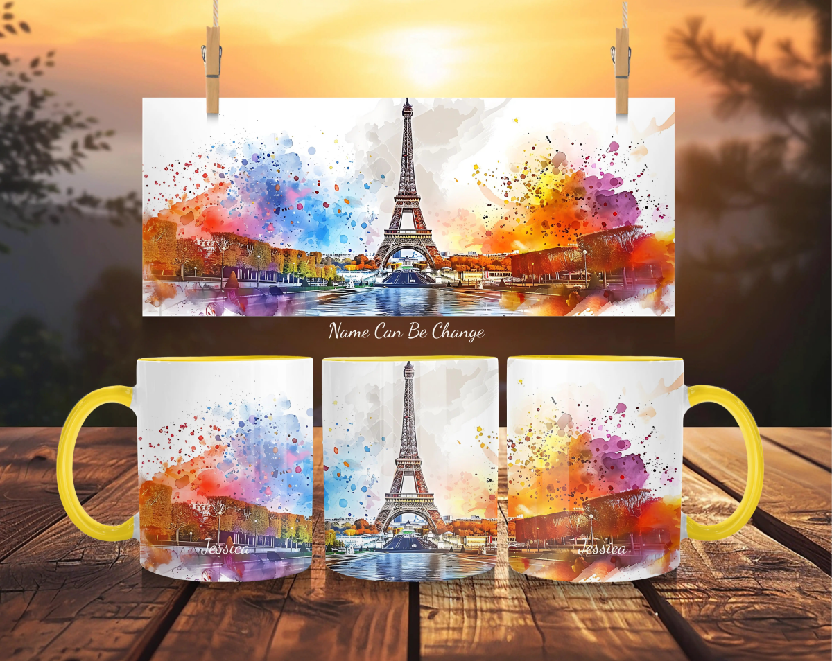 Personalized Paris Eiffel Tower Mug - Dreamy Watercolor Sunset - Custom Name France Gift - MOMIMA