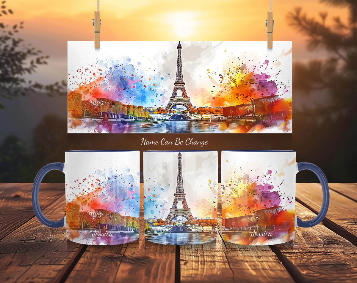 Personalized Paris Eiffel Tower Mug - Dreamy Watercolor Sunset - Custom Name France Gift - MOMIMA