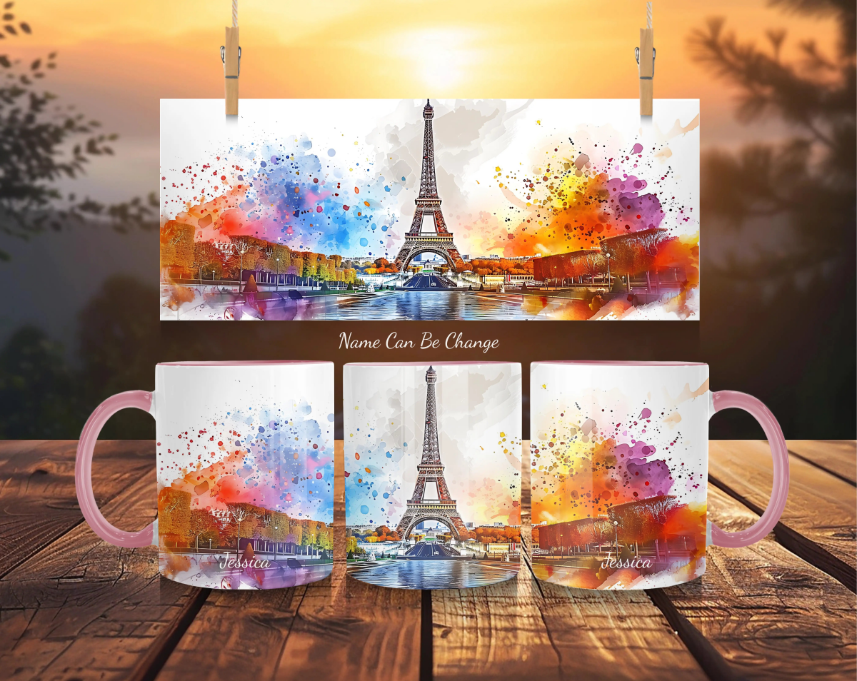 Personalized Paris Eiffel Tower Mug - Dreamy Watercolor Sunset - Custom Name France Gift - MOMIMA