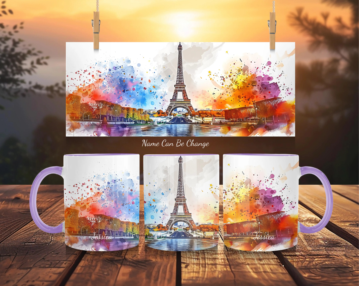 Personalized Paris Eiffel Tower Mug - Dreamy Watercolor Sunset - Custom Name France Gift - MOMIMA