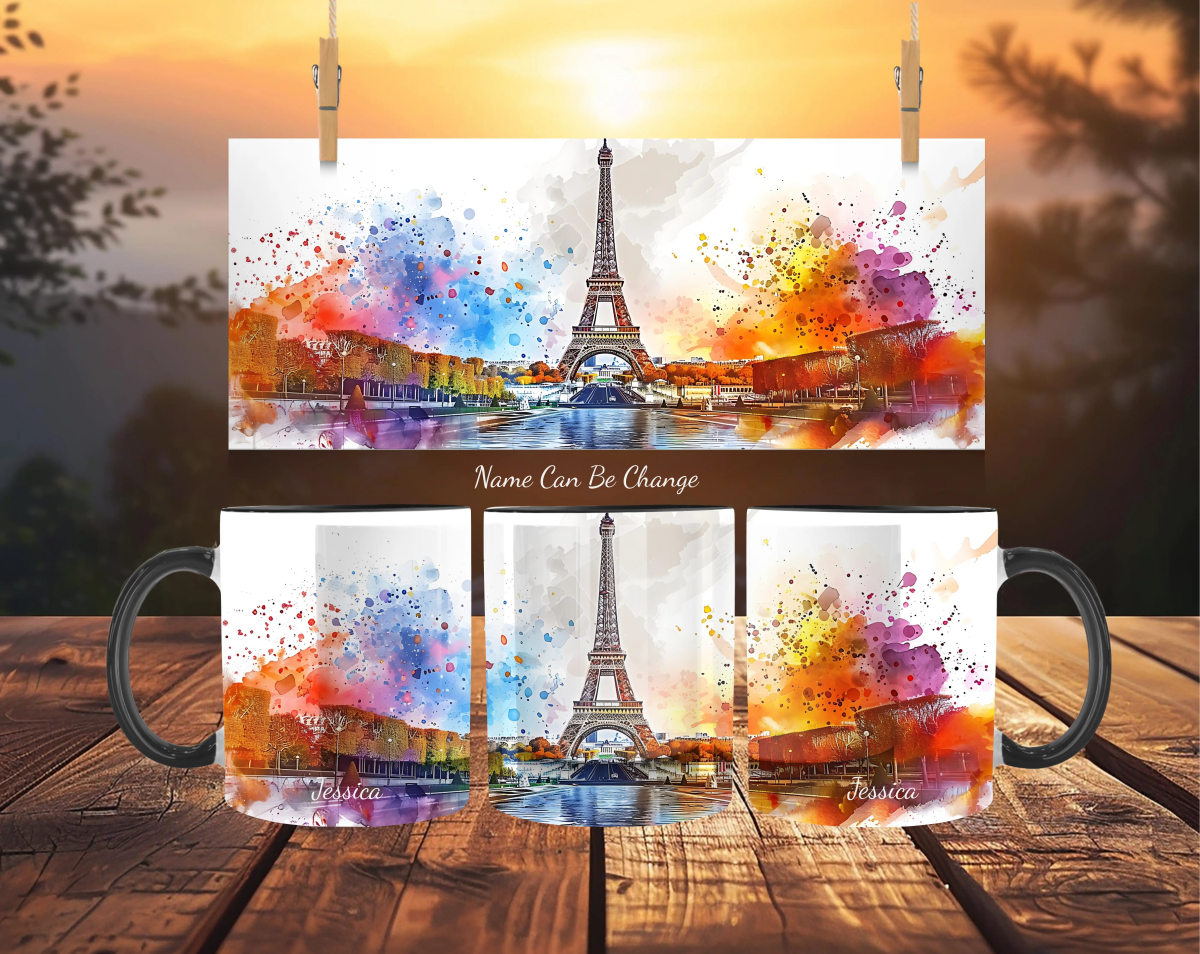 Personalized Paris Eiffel Tower Mug - Dreamy Watercolor Sunset - Custom Name France Gift - MOMIMA