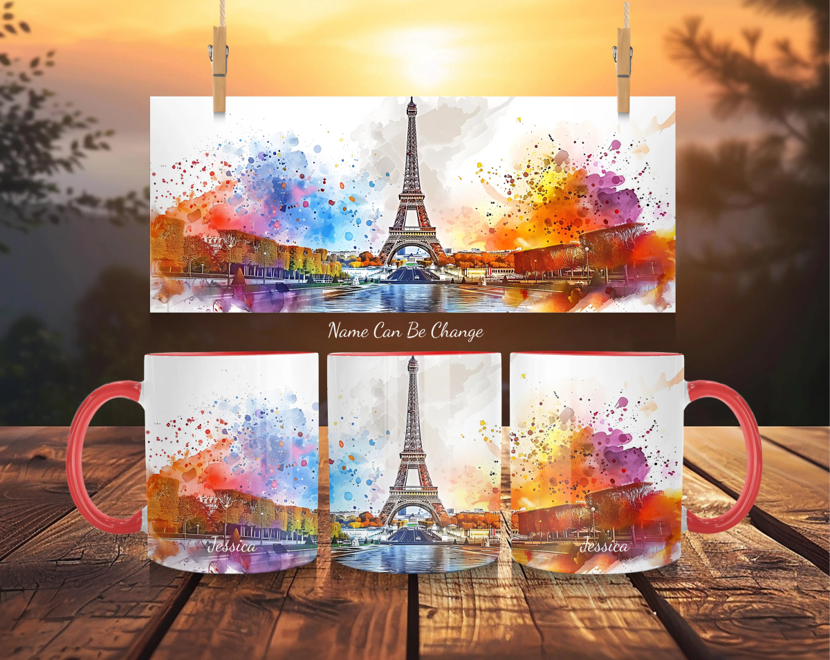 Personalized Paris Eiffel Tower Mug - Dreamy Watercolor Sunset - Custom Name France Gift - MOMIMA