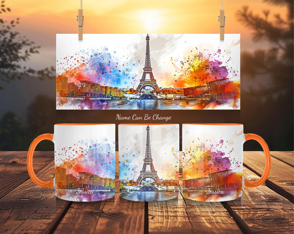 Personalized Paris Eiffel Tower Mug - Dreamy Watercolor Sunset - Custom Name France Gift - MOMIMA