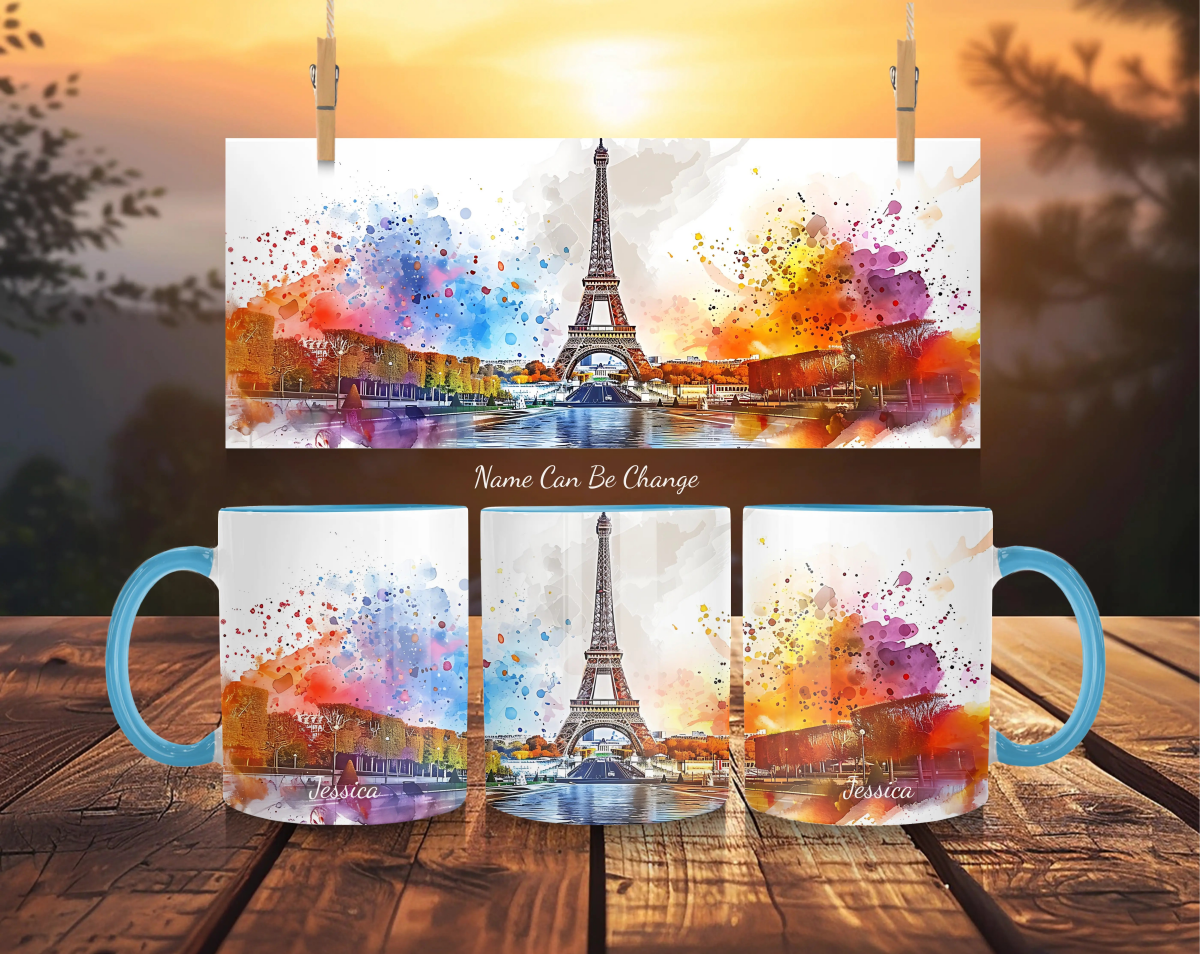 Personalized Paris Eiffel Tower Mug - Dreamy Watercolor Sunset - Custom Name France Gift - MOMIMA