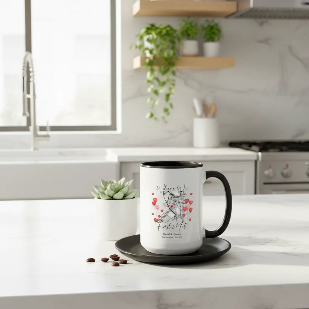 Where We First Met Map - Personalized Accent Coffee Cup with Colored Handle - Romantic Personalize Valentine Gift - MOMIMA