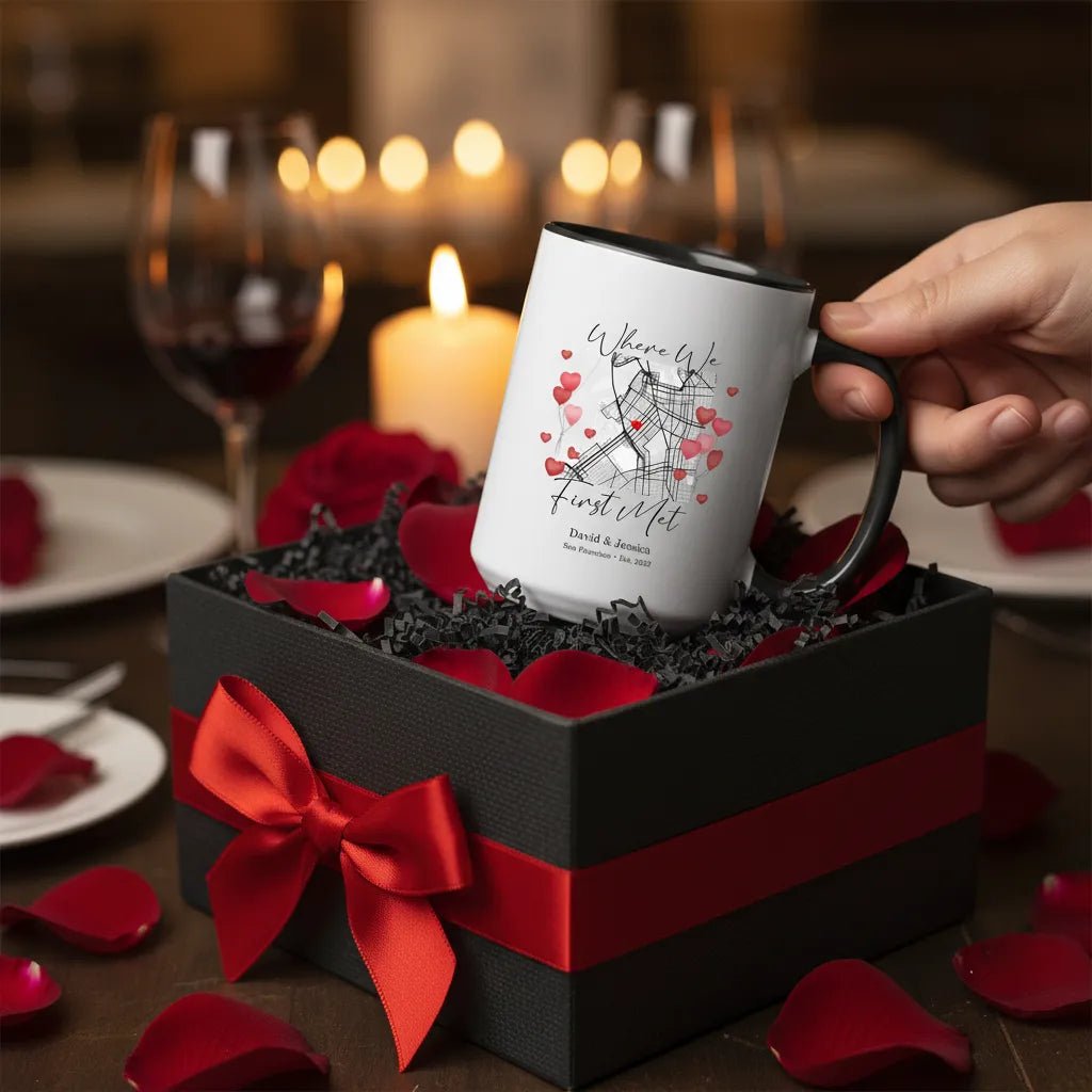 Where We First Met Map - Personalized Accent Coffee Cup with Colored Handle - Romantic Personalize Valentine Gift - MOMIMA