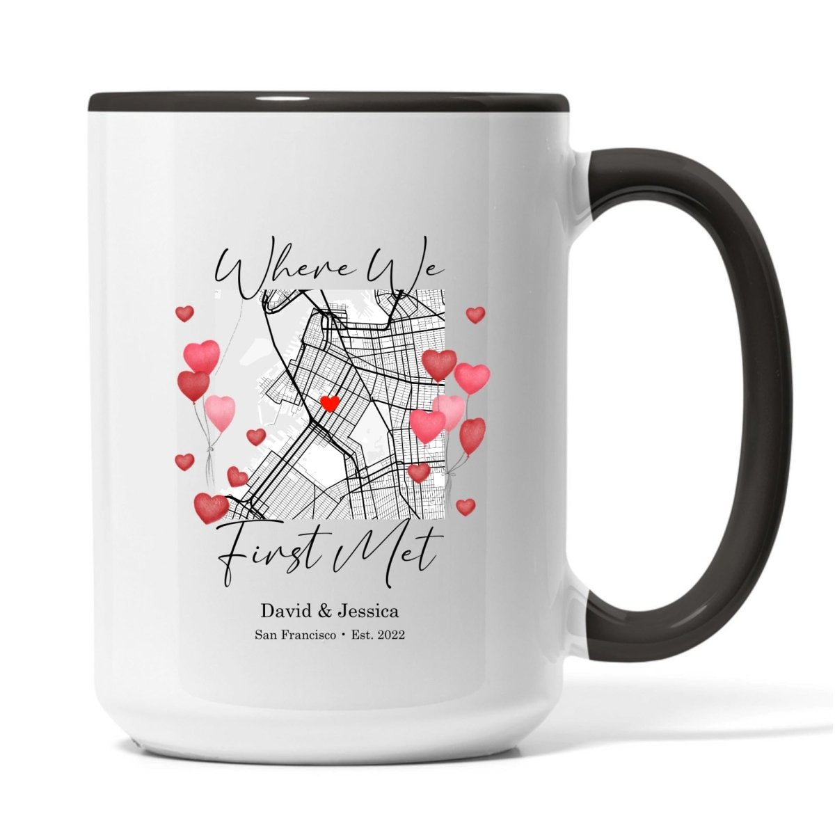 Where We First Met Map - Personalized Accent Coffee Cup with Colored Handle - Romantic Personalize Valentine Gift - MOMIMA