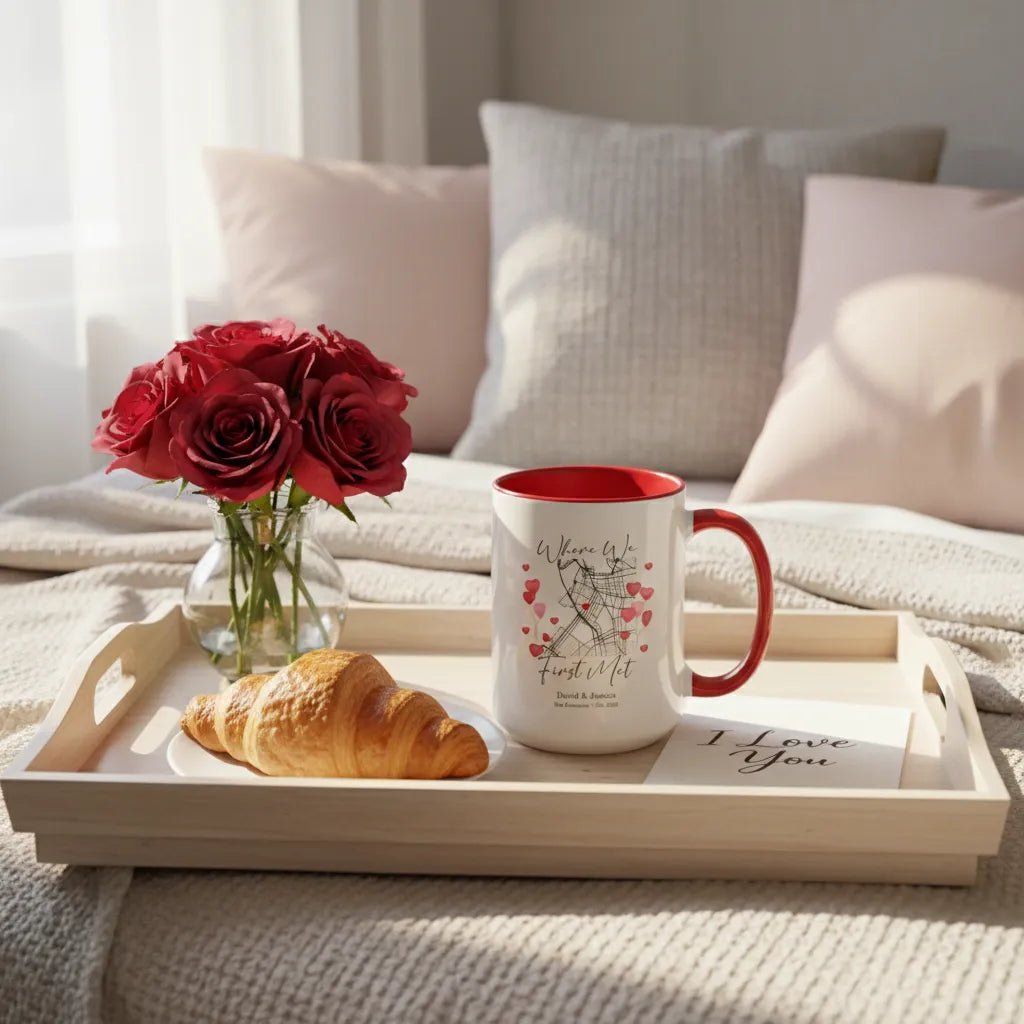 Where We First Met Map - Personalized Accent Coffee Cup with Colored Handle - Romantic Personalize Valentine Gift - MOMIMA